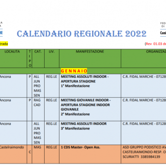 CALENDARIO REGIONALE GENNAIO 2022